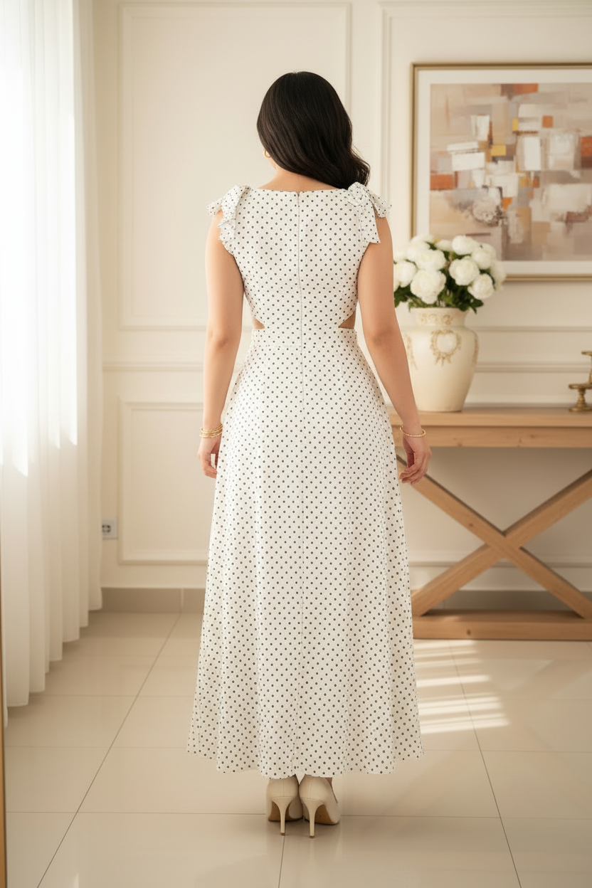 Vestido largo escotado, estampado de lunares. Cod.11182