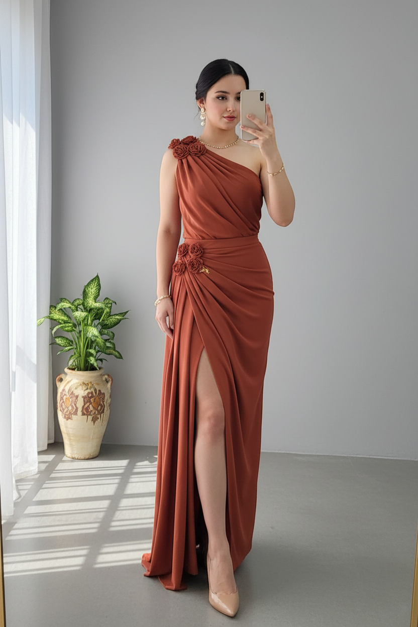 Vestido Terracota Un Hombro Rosas 3D con Abertura Lateral Alta cod.819