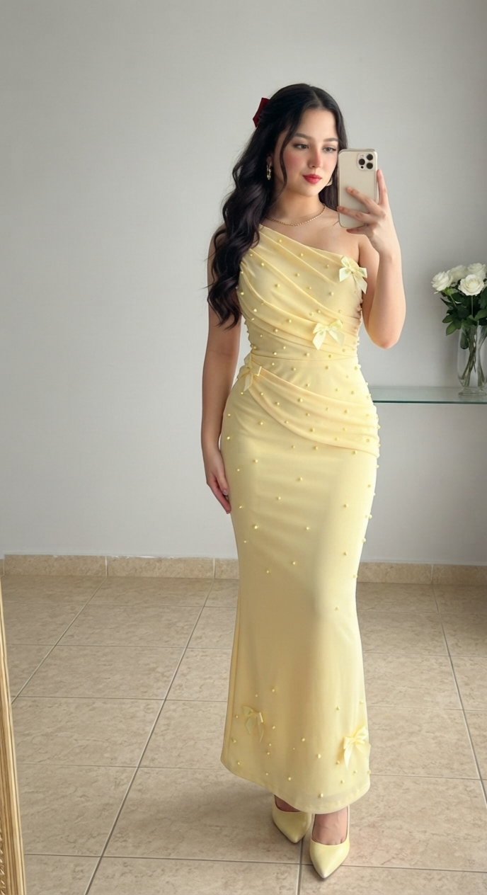 Vestido Amarillo Pastel Tul Drapeado Perlas Mariposas 3D Lazo cod.V0041