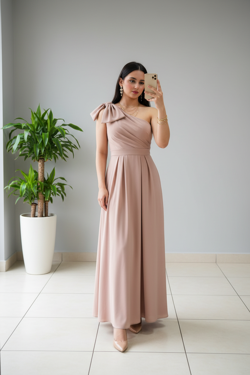 Vestido de Gala Rosa Nude con Moño y Drapeado - Elegante One Shoulder Largo cod.344