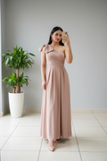 Vestido de Gala Rosa Nude con Moño y Drapeado - Elegante One Shoulder Largo cod.344