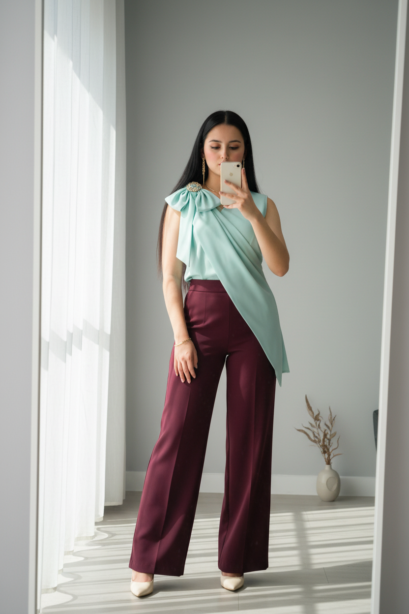 Blusa Menta Asimétrica Sin Mangas con Nudo y Broche de Cristal cod.B551