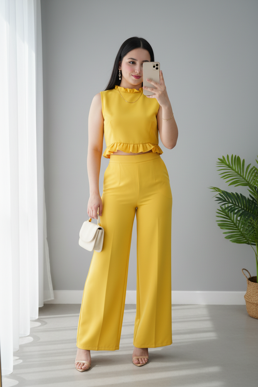 Conjunto Amarillo Mostaza Top Volante Pantalón Palazzo cod.C0031