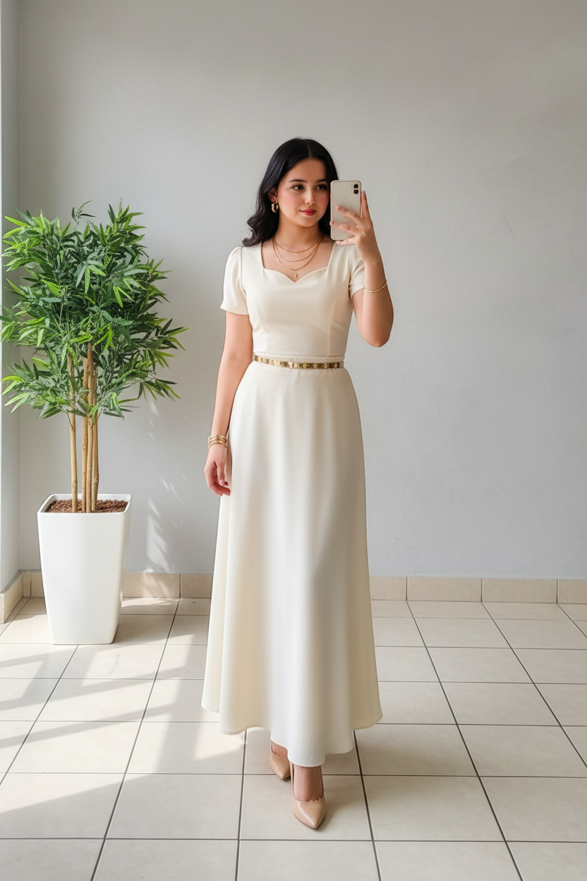 Vestido Elegante Blanco Marfil con Mangas Globo - Largo A-Line cod.350