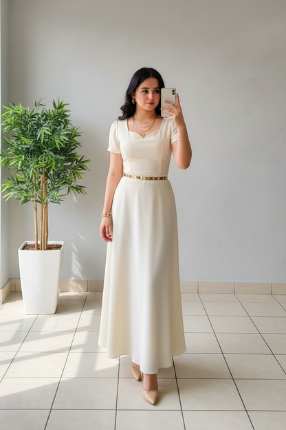 Vestido Elegante Blanco Marfil con Mangas Globo - Largo A-Line cod.350