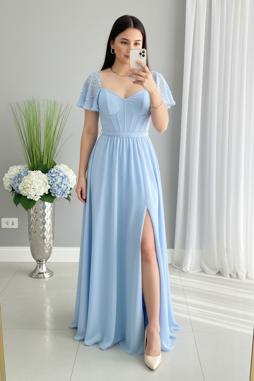Vestido Azul Cielo | A-Line Sweetheart Corsé con Mangas Mariposa, Perlas y Abertura cod.V521