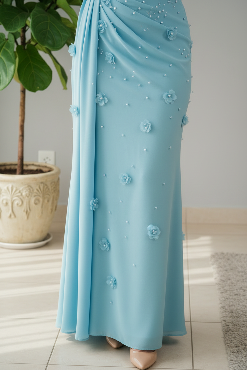 Vestido Azul Cielo One Shoulder con Flores 3D y Perlas cod.370