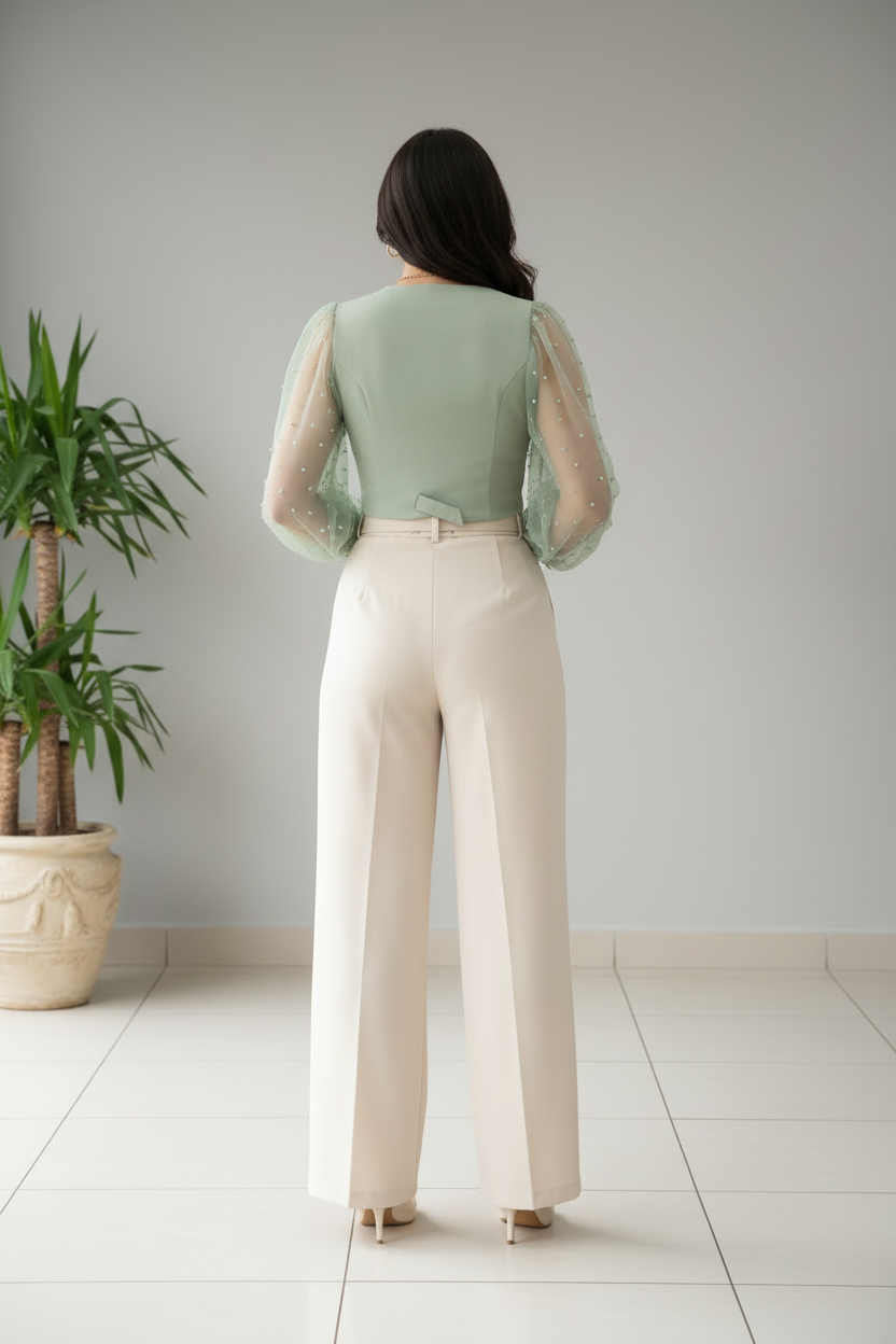 Conjunto Verde Menta y Crema: Blazer con Organza y Pantalón Palazzo cod.419