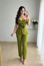 Conjunto Verde Oliva Strapless Flor 3D + Pantalón Recto cod.CJ005