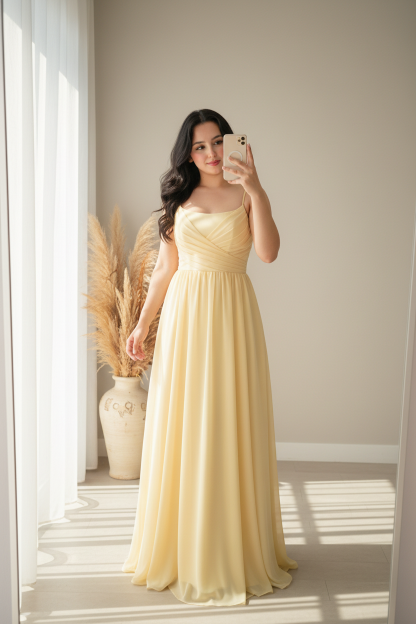 Vestido Amarillo Pastel Chifón A-Line con Tirantes y Cuerpo Drapeado cod.0078