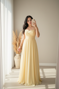 Vestido Amarillo Pastel Chifón A-Line con Tirantes y Cuerpo Drapeado cod.0078