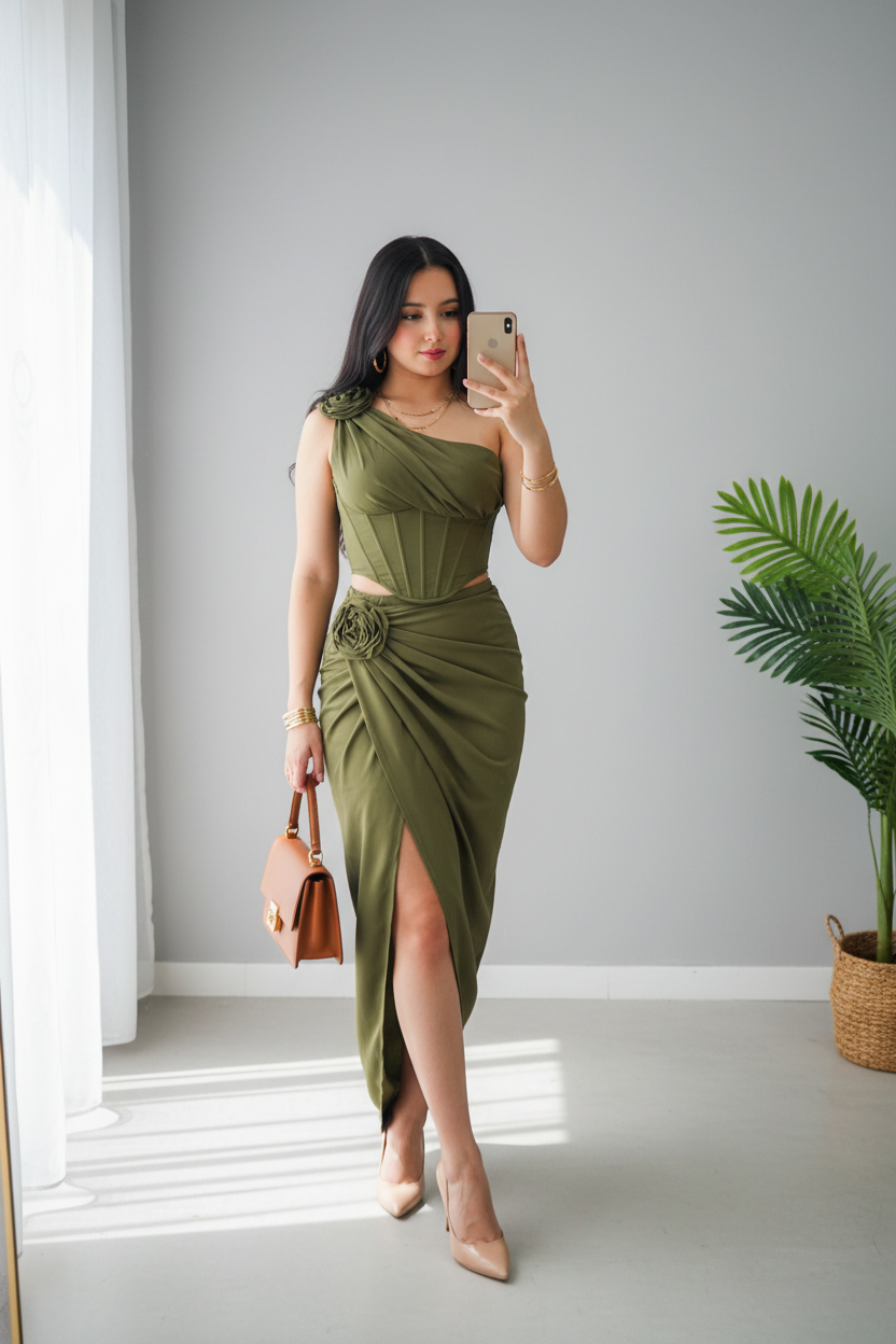 Conjunto Verde Oliva Top Un Hombro Corset Rosa 3D y Falda Drapeada Midi cod.760