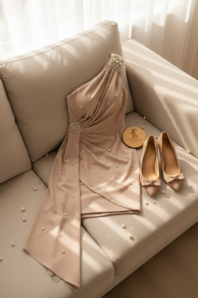 Vestido Nude Mini Un Hombro con Broche de Perlas, Drapeado y Cola de Chifón cod.485