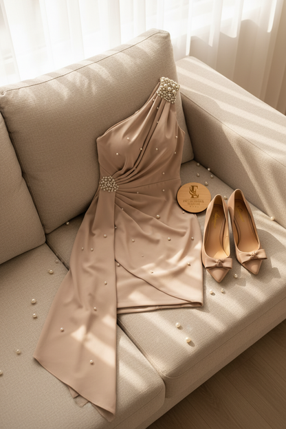 Vestido Nude Mini Un Hombro con Broche de Perlas, Drapeado y Cola de Chifón cod.485