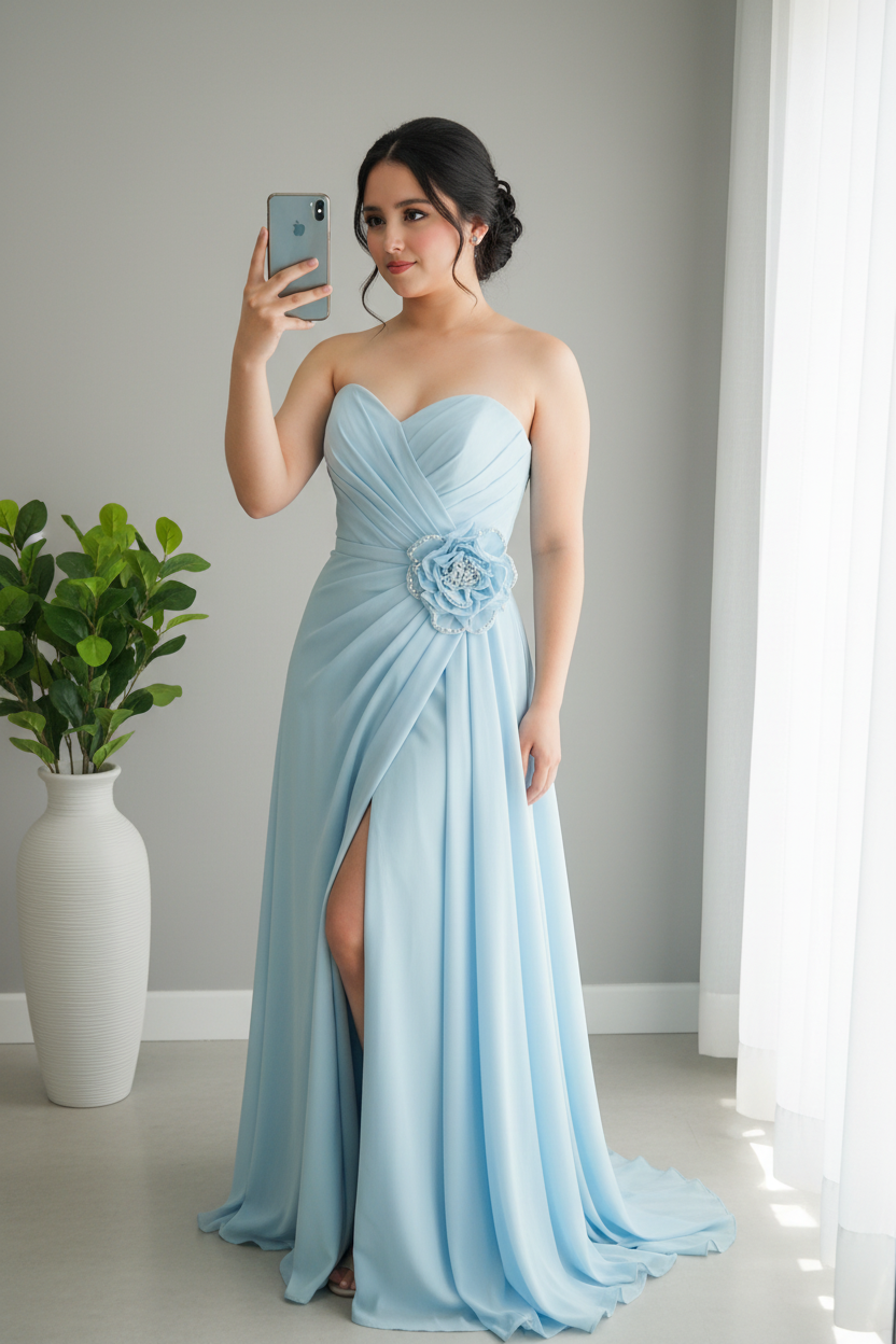 Vestido Azul Cielo Chiffon Strapless Rose  cod.V231