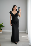 Vestido Negro Escote Corazón Tirantes Estructurados Drapeado Sirena cod.742