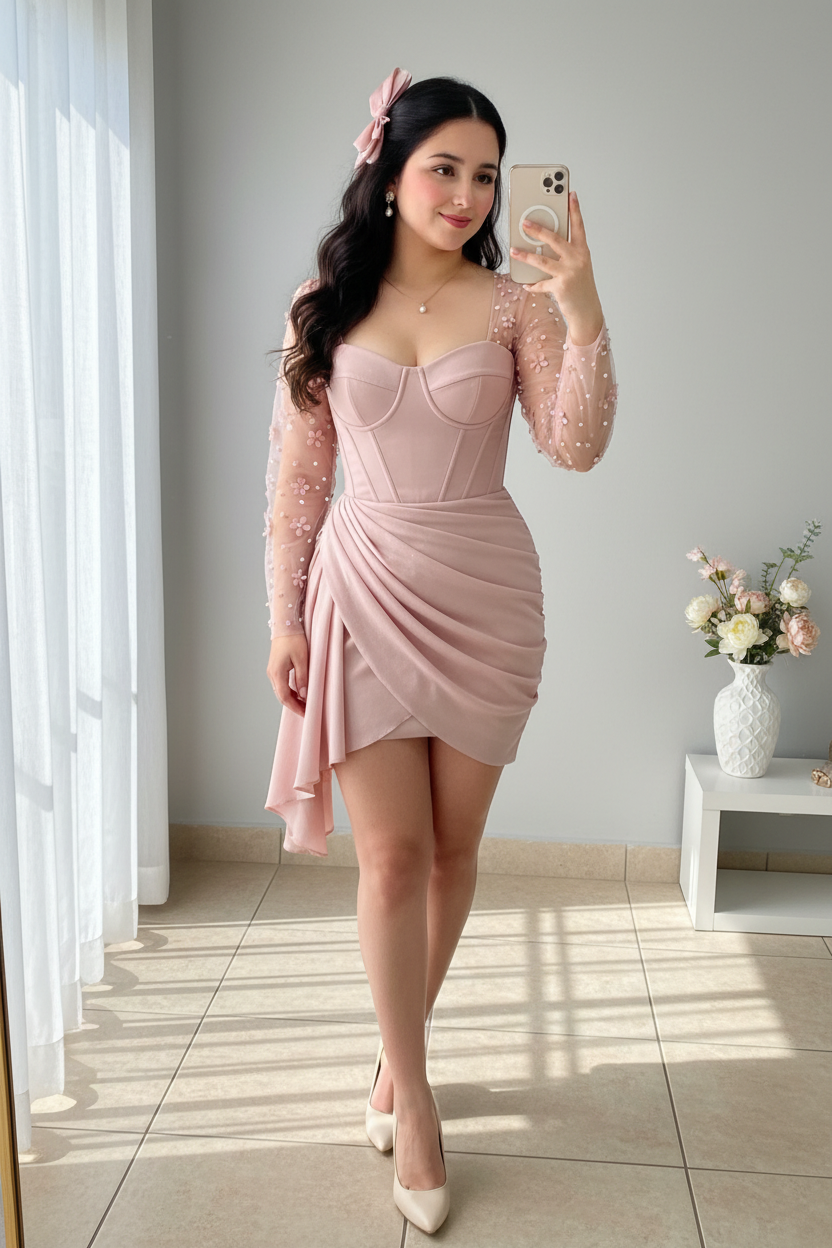 Vestido mini rosa palo corsé con mangas de perlas y falda drapeada cod. VC004