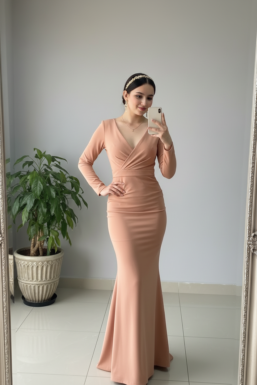 Vestido Largo Rosa Palo Escote V Cruzado Manga Larga Sirena con Cola cod.473