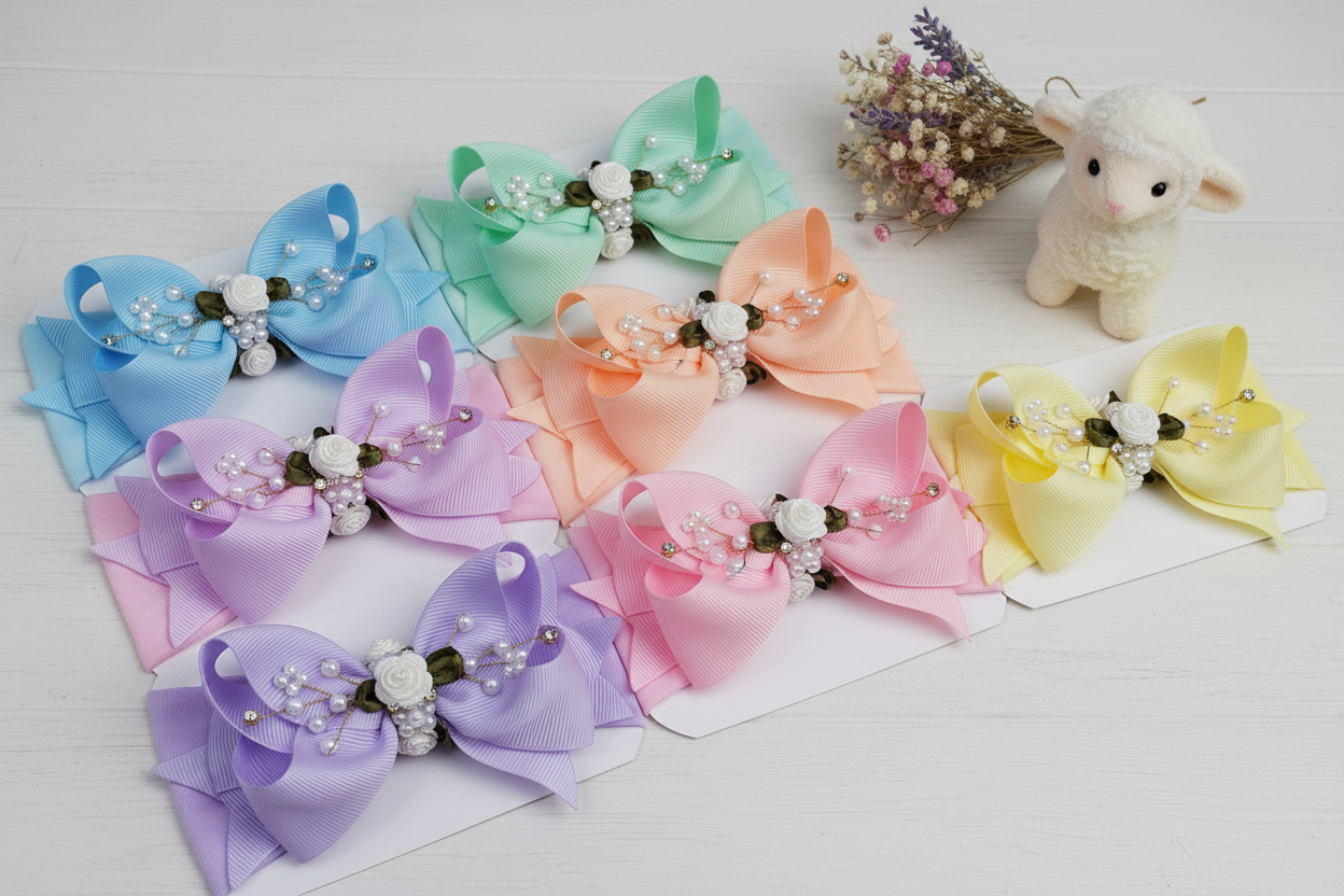Diadema Bebé Niña Lazo con Perlas y Flor - Colores Pastel cod.65
