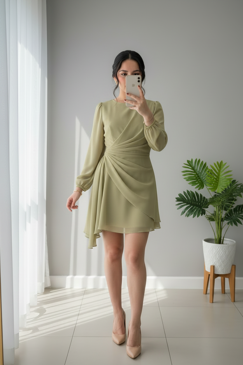 Vestido Verde Oliva Manga Larga Chifón Drapeado Asimétrico cod.935