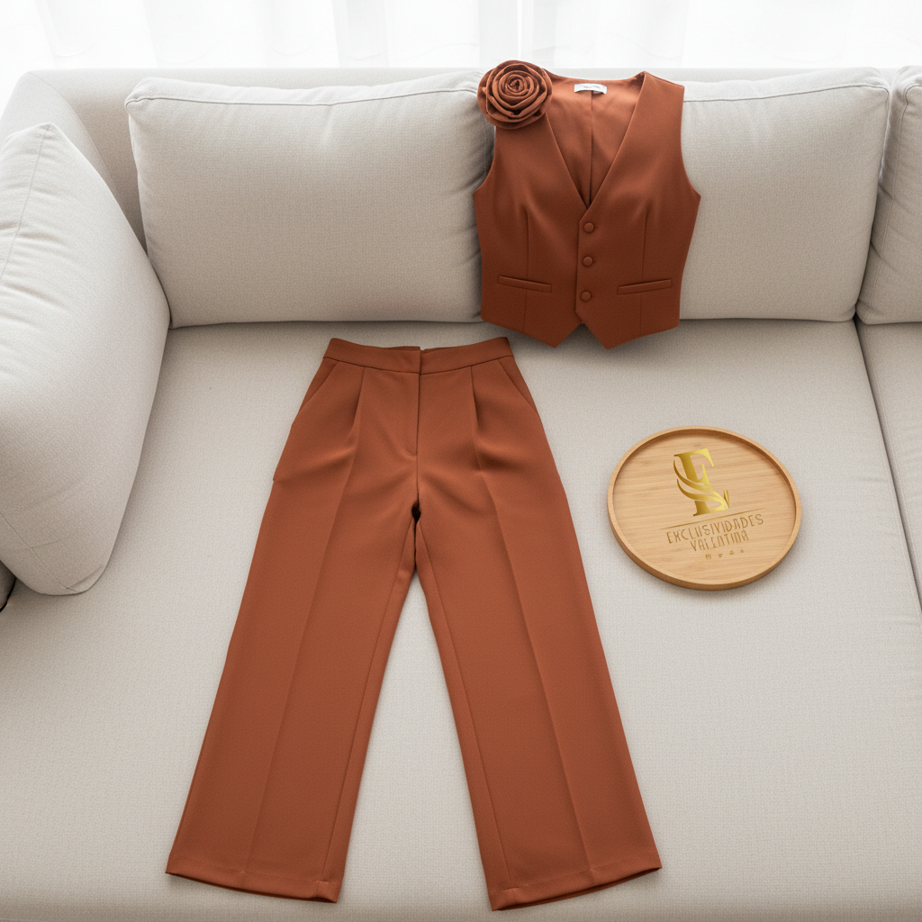 Conjunto Terracota: Chaleco con Rosa 3D y Pantalón Palazzo cod.411
