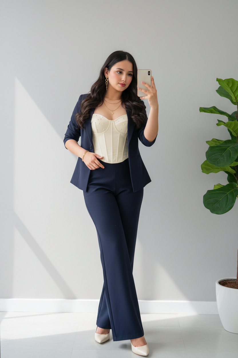 Conjunto Azul Marino Blazer con Corset Strapless y Pantalón Acampanado cod.652