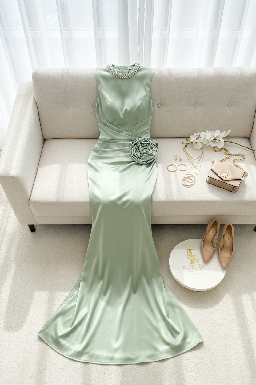 Vestido de Gala Verde Menta con Rosa y Drapeado - Elegante Largo Sirena cod.338