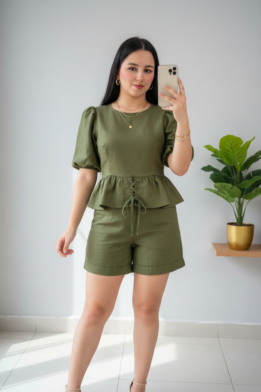 Conjunto Olive Peplum Lace-Up & Short cod.584