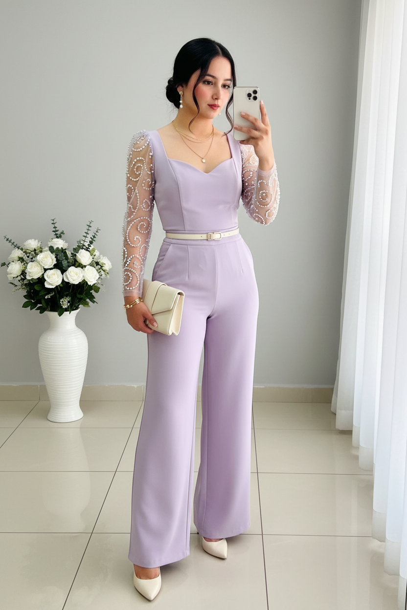 Enterizo Lavanda Mangas de Tul con Perlas cod.E545