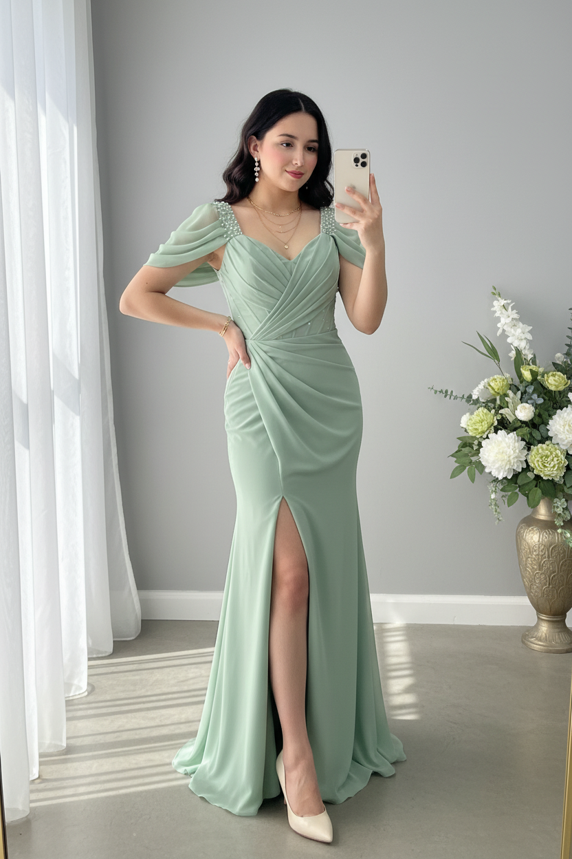 Vestido Sirena Verde Sage | V-Neck con Tirantes de Pedrería, Manga Drapeada y Abertura cod.V517