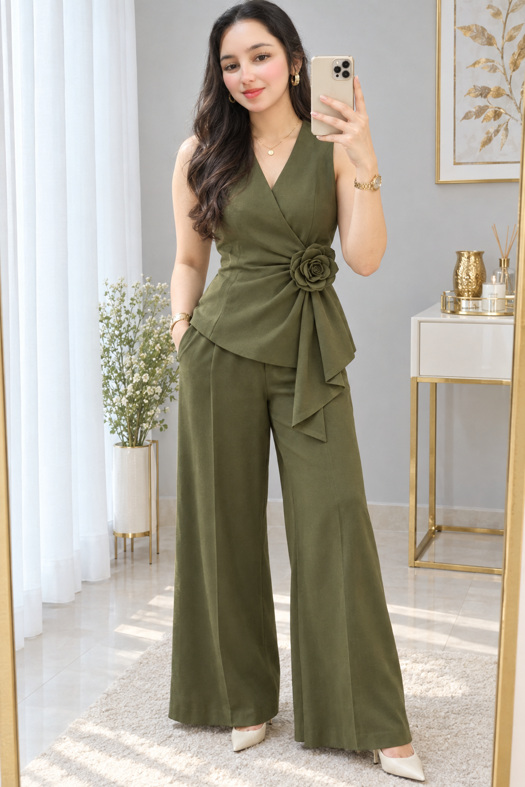 Conjunto Verde Oliva Top Cruzado Rosa 3D y Palazzo cod.CJ005