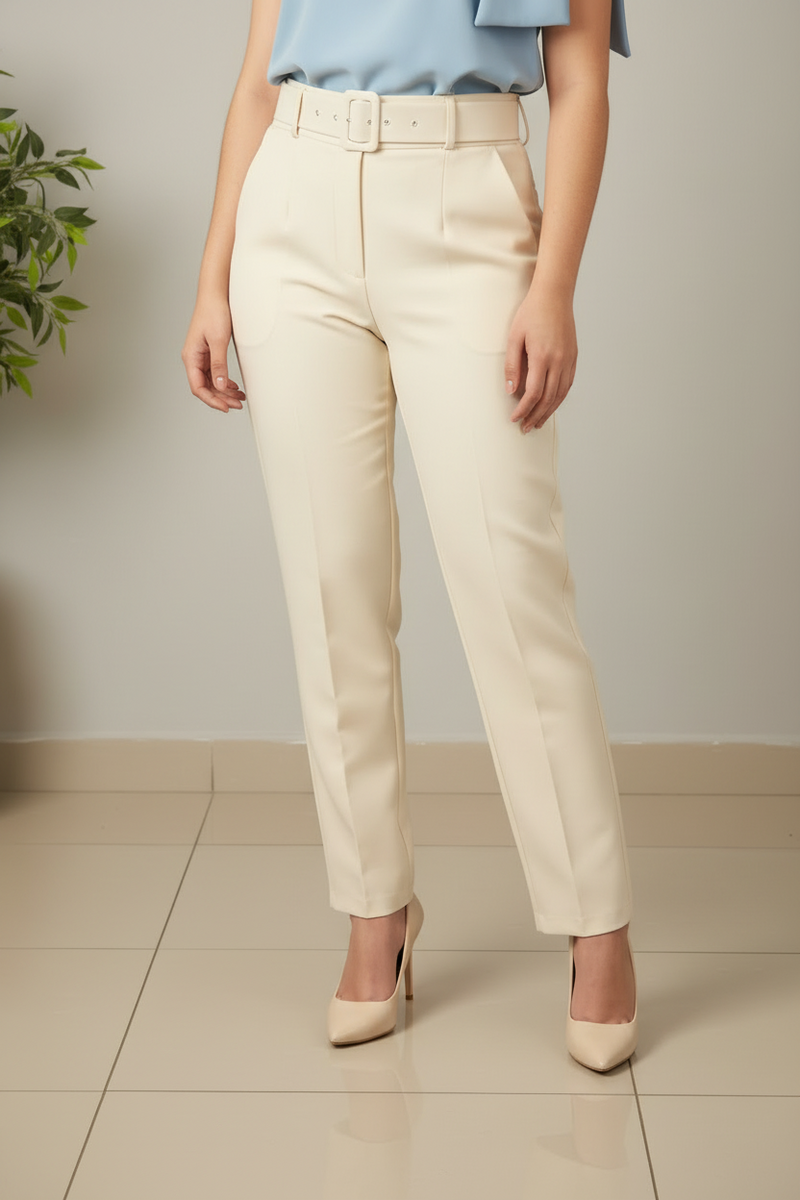 Pantalón Marfil Tiro Alto con Cinturón Incluido cod.471