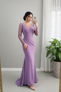 Vestido Lila Orquídea Escote V Mangas Tul Cristales Sirena cod.930