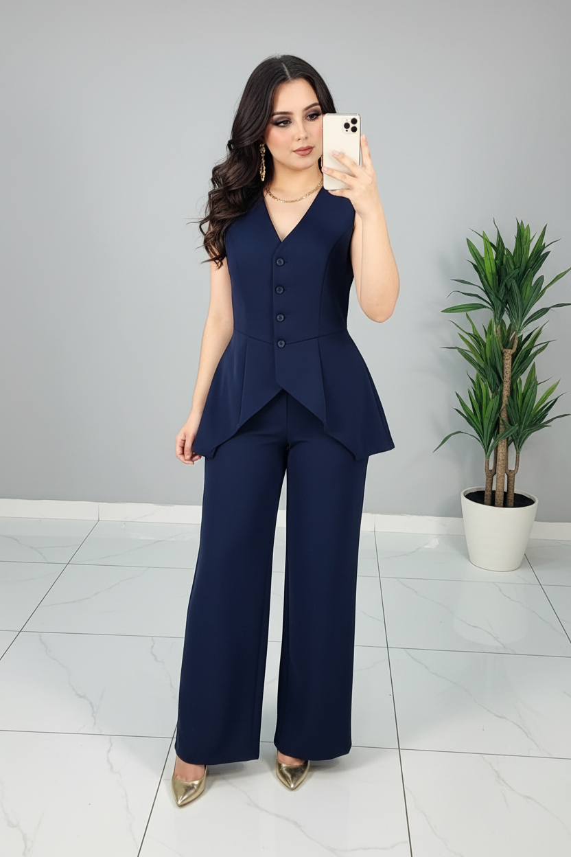Conjunto Navy Chaleco Peplum & Palazzo cod.567