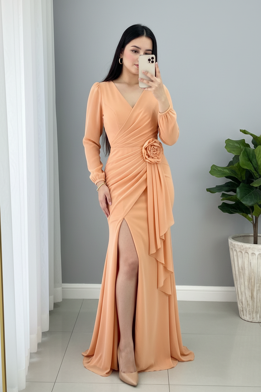Vestido Durazno Manga Larga Sirena con Rosa 3D y Volantes cod.965