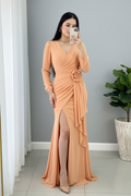 Vestido Durazno Manga Larga Sirena con Rosa 3D y Volantes cod.965