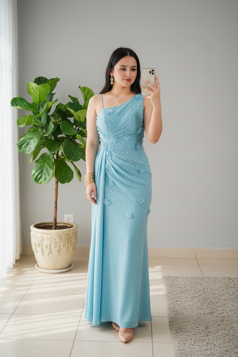 Vestido Azul Cielo One Shoulder con Flores 3D y Perlas cod.370