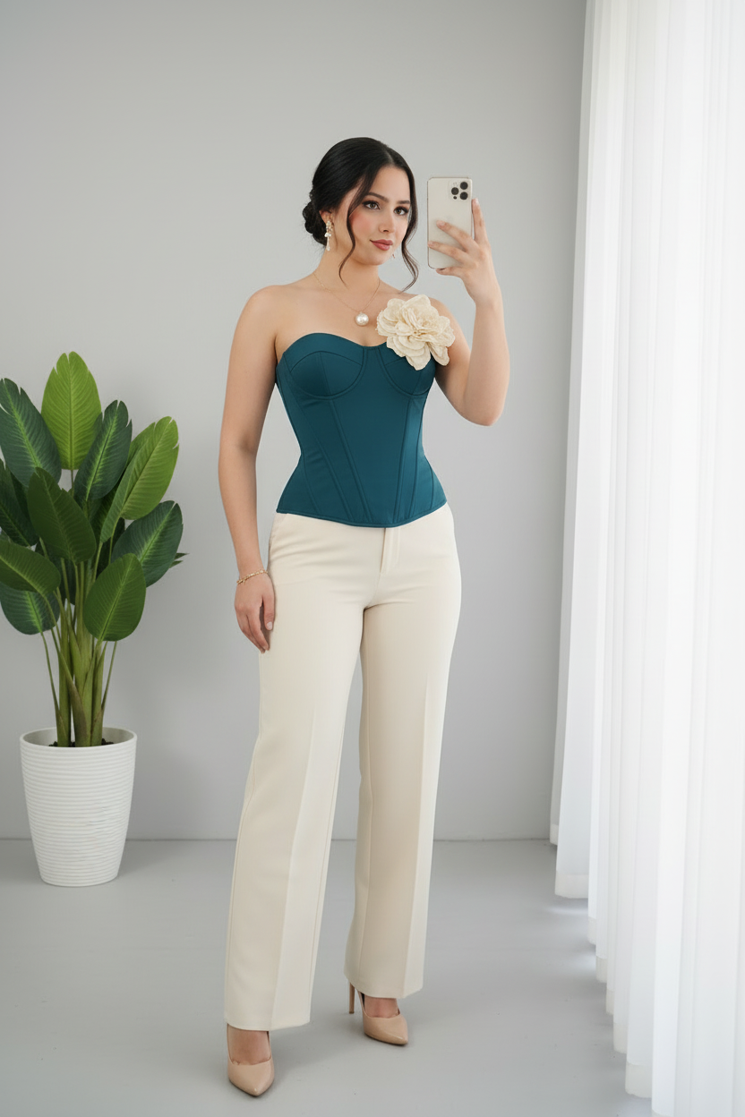 Set Bicolor Corset Teal con Flor 3D y Pantalón Crema Exclusivo cod.804