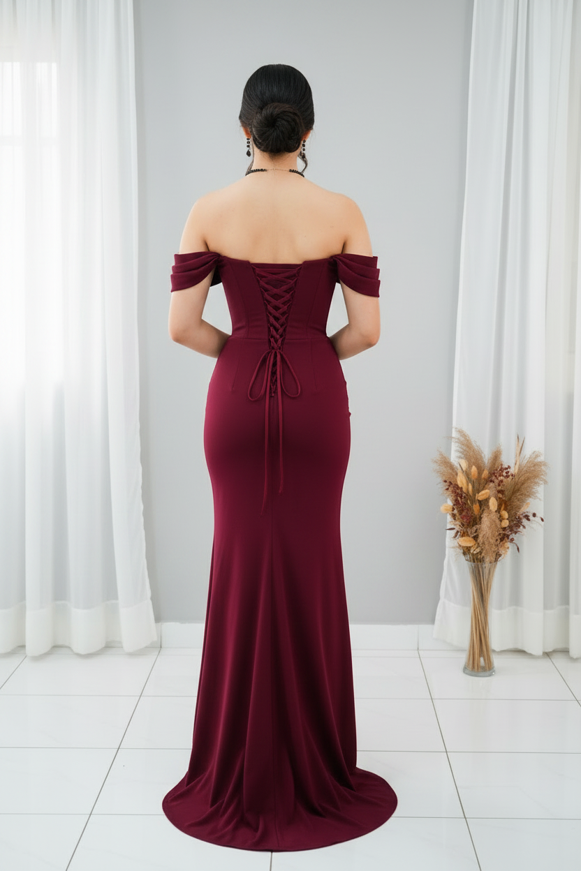 Vestido Borgoña Hombros Caídos Cristales cod.V312