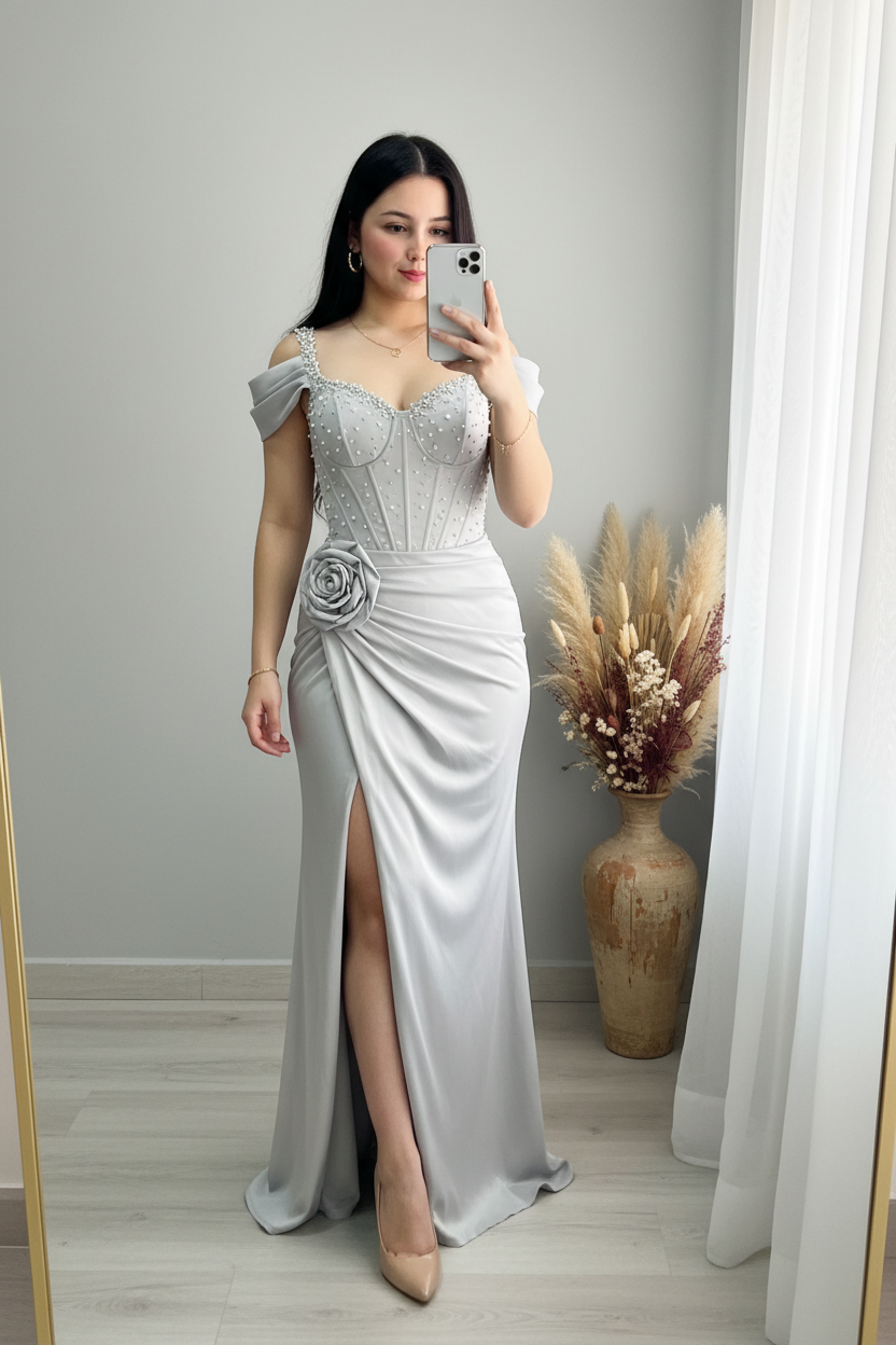 Vestido Gris Perla Rosa 3D Sirena cod.V769