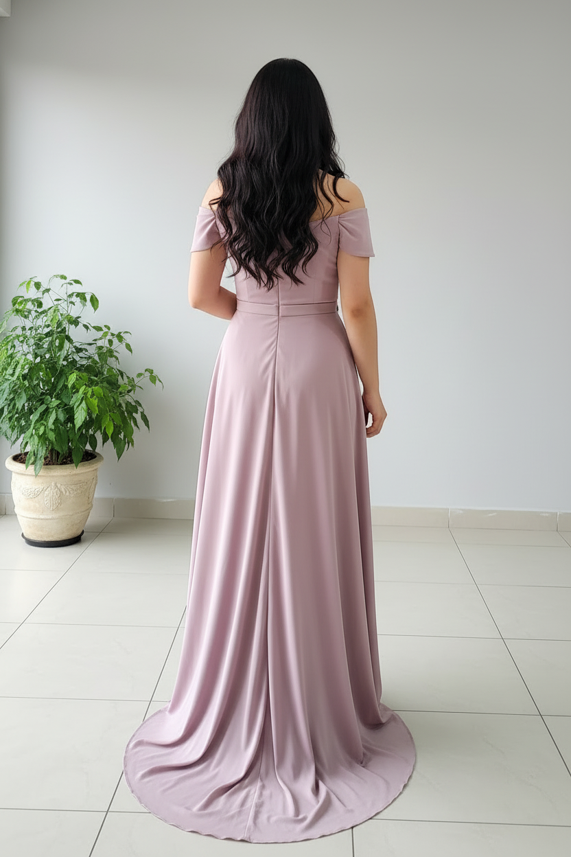 Vestido Largo Rosa Palo Off-Shoulder Escote Corazón con Apliques Florales de Perlas y Abertura cod.486