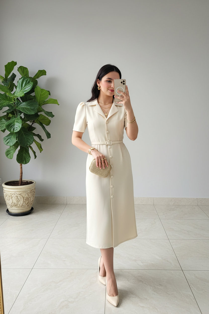 Vestido Marfil Tipo Camisa con Cinturón - Elegante y Atemporal cod.316
