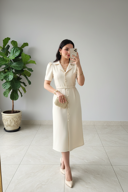 Vestido Marfil Tipo Camisa con Cinturón - Elegante y Atemporal cod.316