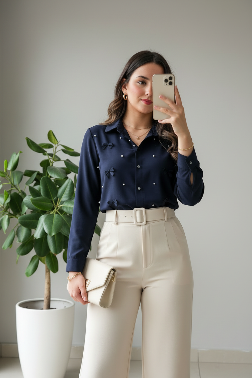 Camisa Azul Marino con Perlas y Lazos Dispersos  cod.417