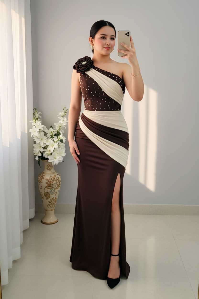 Vestido Bicolor Chocolate Crema Un Hombro Flor 3D Perlas cod.V0059
