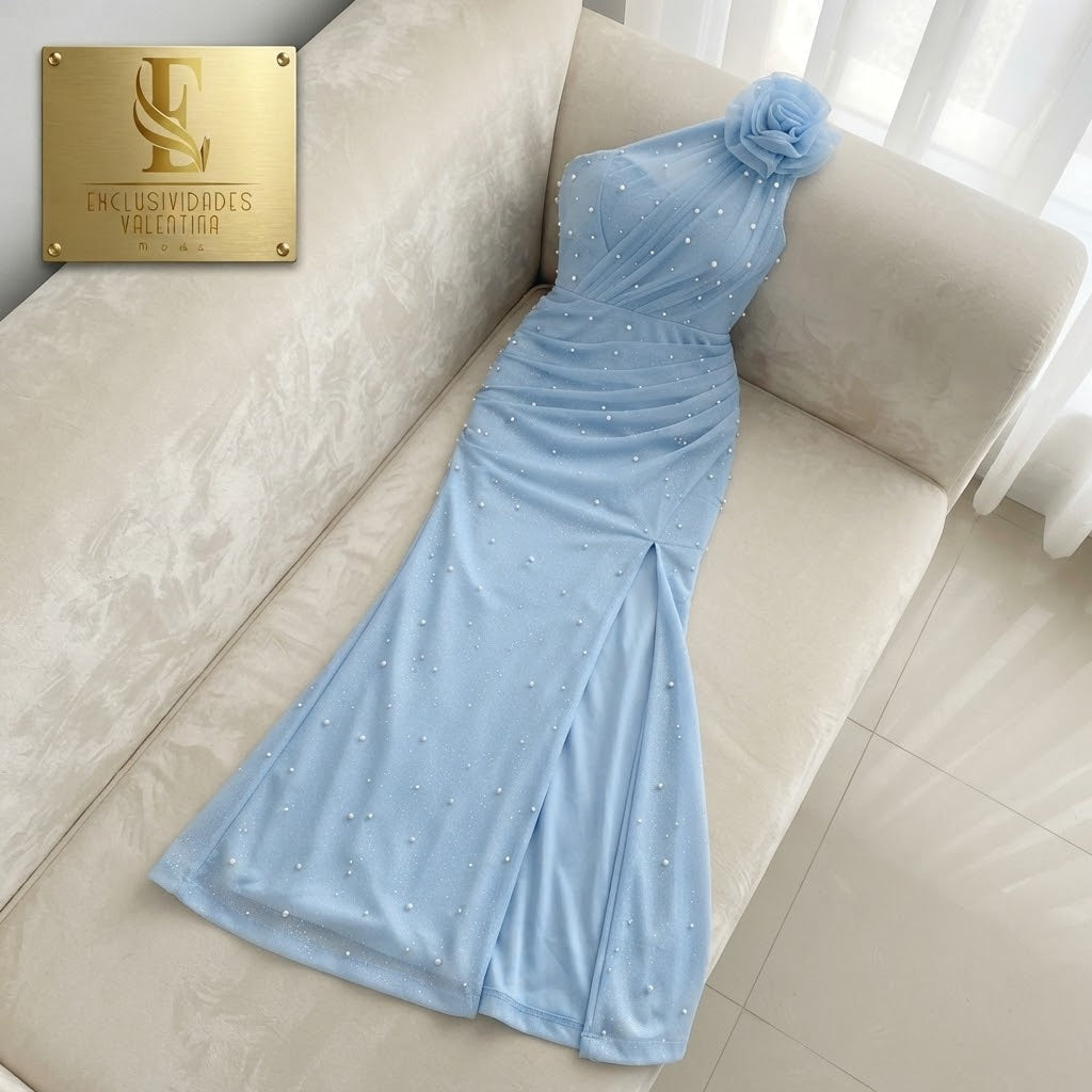 Vestido Azul Cielo Perlas Rosa | VC-006