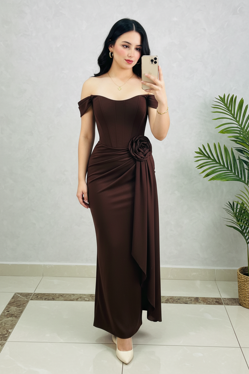 Vestido Formal Café Oscuro Off-Shoulder con Rosa 3D y Drapeado cod.511