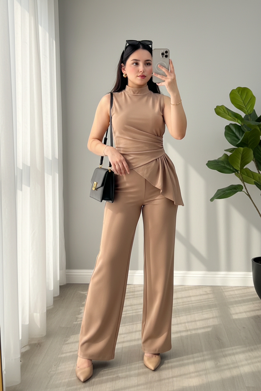 Conjunto Dos Piezas Camel Top Peplum Asimétrico cod.C707