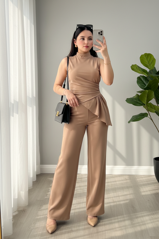 Conjunto Dos Piezas Camel Top Peplum Asimétrico cod.C707