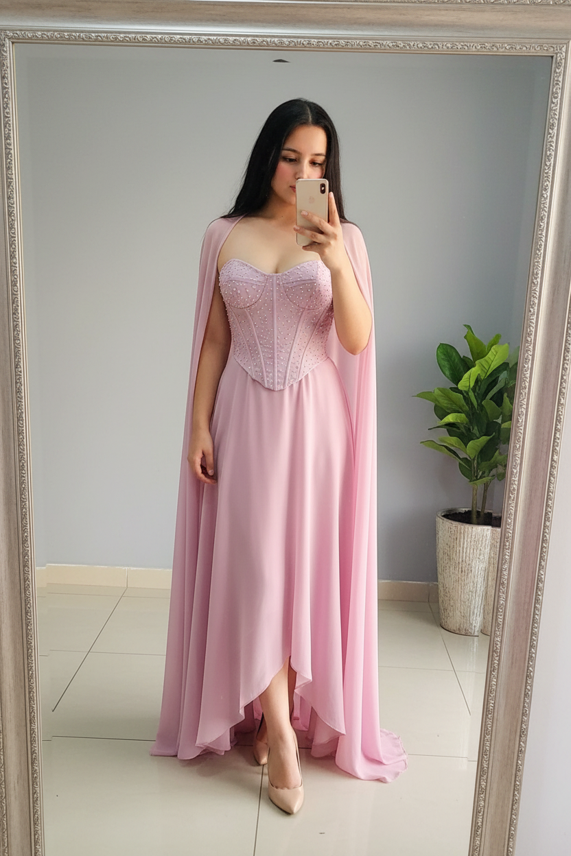 Vestido Pink Pearl Cape – Gown Rosa con Corset de Perlas & Capa cod.676